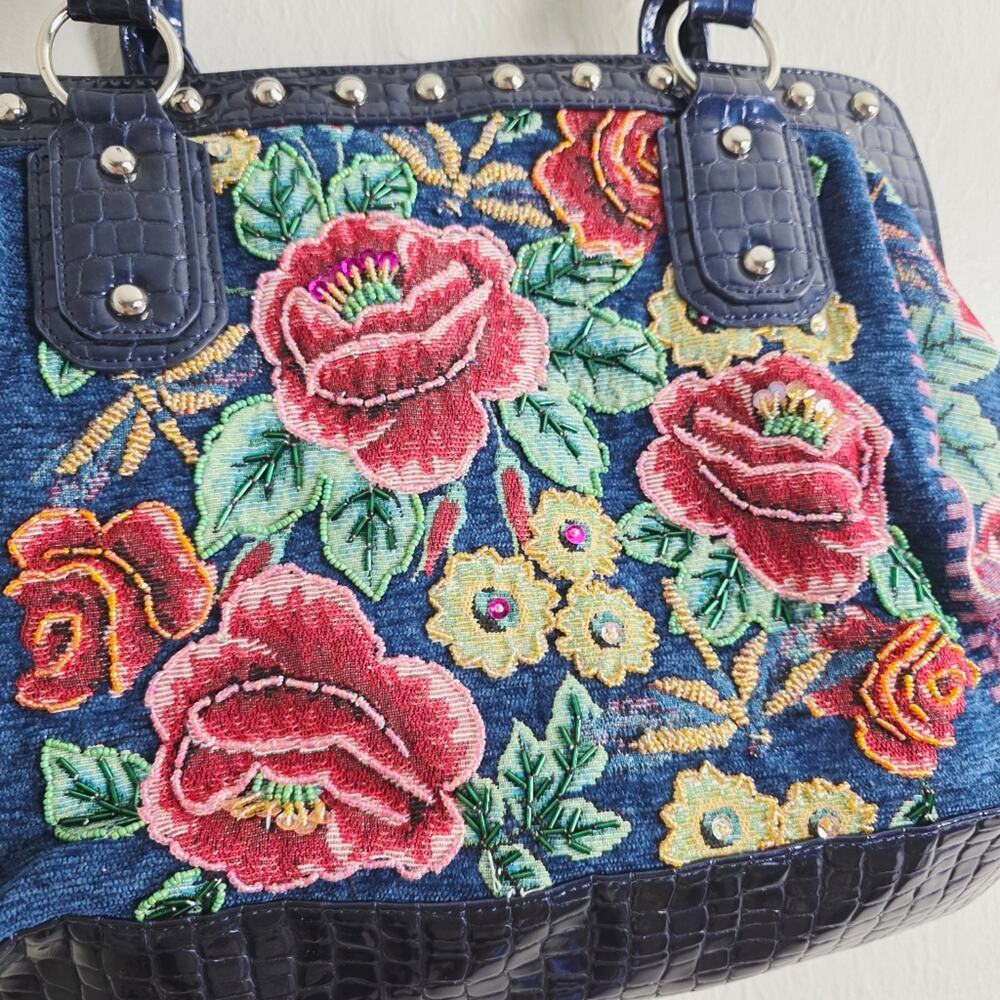 Mod X Navy Blue Floral Tapestry Embroidered Shoulder Bag Tote Silver Studded L - Picture 4 of 12